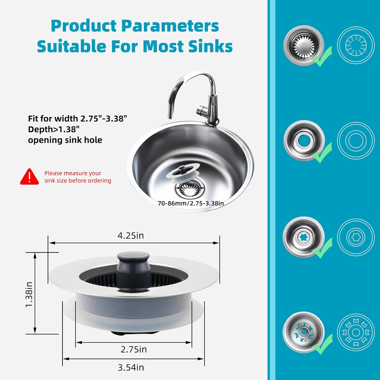 3 in 1 Kitchen Sink Drain Strainer, Stainless Steel Wrapped Shell Drain Stopper Combo, Pop Up Sink Stopper, V1258-DP02-WO-758