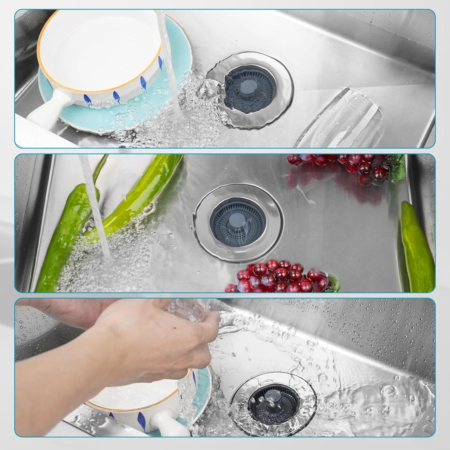 3 in 1 Kitchen Sink Drain Strainer, Stainless Steel Wrapped Shell Drain Stopper Combo, Pop Up Sink Stopper, V1258-DP02-WO-758