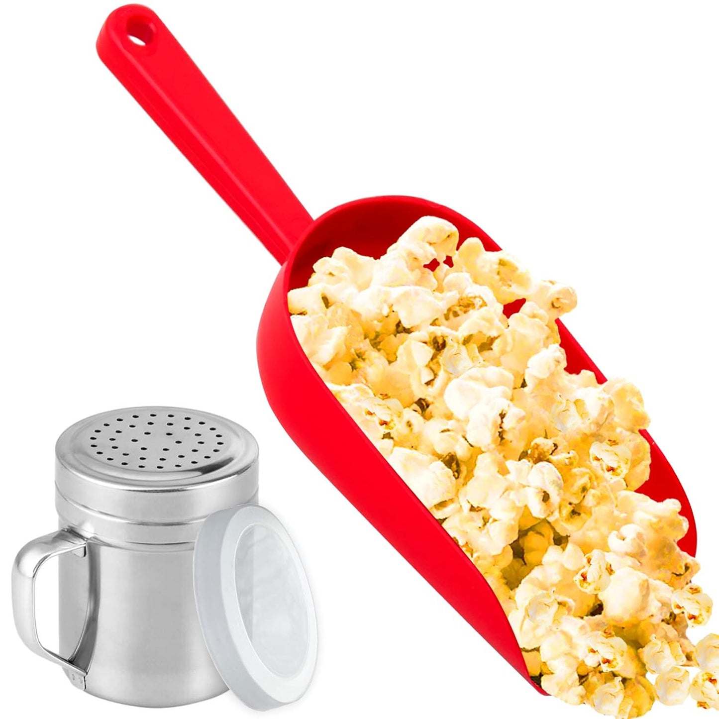 Red Popcorn Plastic Scoop with Popcorn Salt Shaker (Handle, Plastic Cap) - Popcorn Concession Supplies Bundle V1258-DP02-WO-760