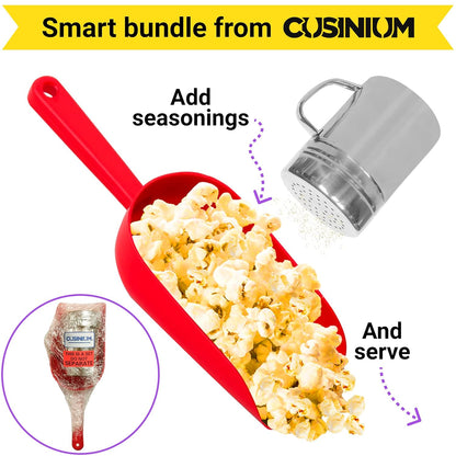 Red Popcorn Plastic Scoop with Popcorn Salt Shaker (Handle, Plastic Cap) - Popcorn Concession Supplies Bundle V1258-DP02-WO-760