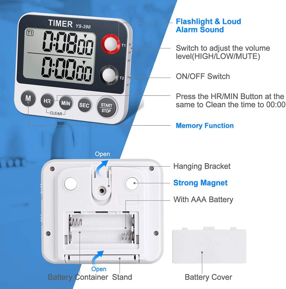 Digital Kitchen Cooking Timer, Dual Count Up & Down with Magnetic Back, Large Display, Adjustable Volume and V1258-DP02-WO-763
