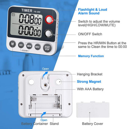 Digital Kitchen Cooking Timer, Dual Count Up & Down with Magnetic Back, Large Display, Adjustable Volume and V1258-DP02-WO-763