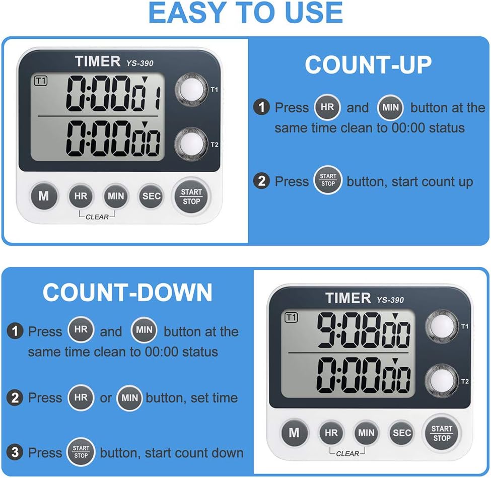 Digital Kitchen Cooking Timer, Dual Count Up & Down with Magnetic Back, Large Display, Adjustable Volume and V1258-DP02-WO-763