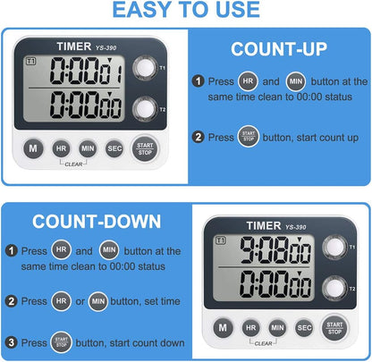 Digital Kitchen Cooking Timer, Dual Count Up & Down with Magnetic Back, Large Display, Adjustable Volume and V1258-DP02-WO-763