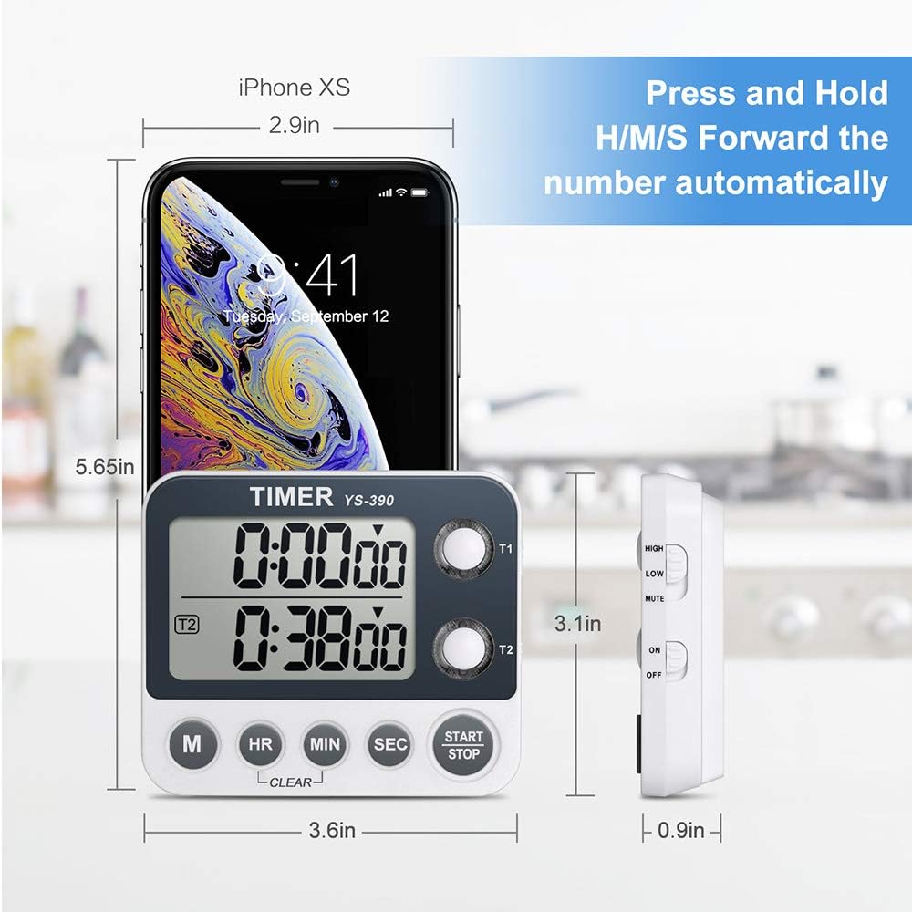 Digital Kitchen Cooking Timer, Dual Count Up & Down with Magnetic Back, Large Display, Adjustable Volume and V1258-DP02-WO-763