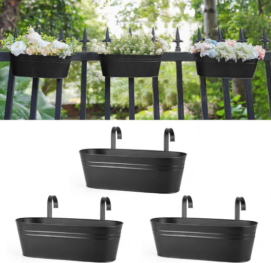3 Pcs Metal Hanging Flower Pots for Railing Fence Outdoor Planter 15.7 Inch Hanging Bucket Pots Countryside V1258-DP02-WO-778