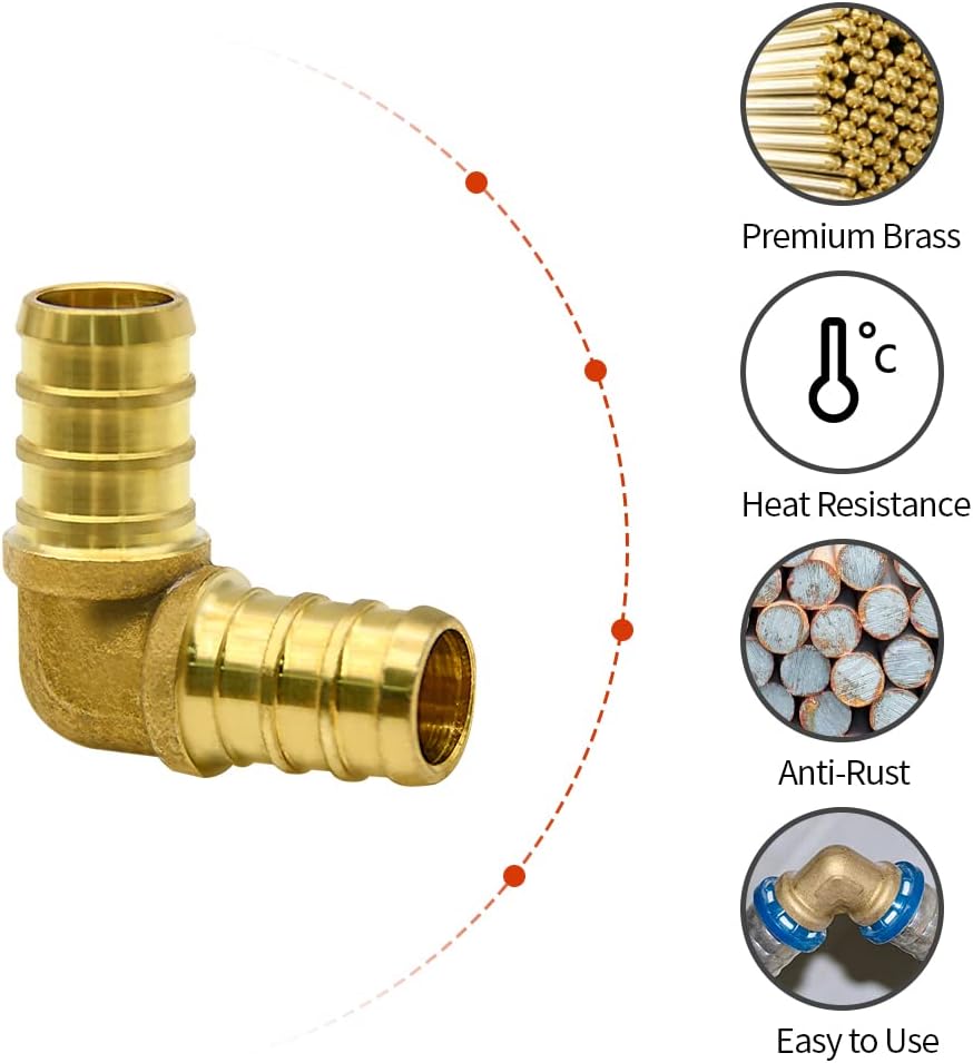 10 Pack 1/2" PEX Elbow Fittings, Brass Fittings for PEX Tubing Pipe V1258-DP02-WO-780