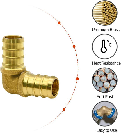 10 Pack 1/2" PEX Elbow Fittings, Brass Fittings for PEX Tubing Pipe V1258-DP02-WO-780