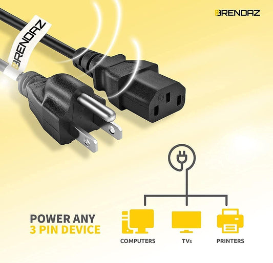 Universal PC Power Cord - 3 Prong AC Power Cable Replacement for Computer, Monitor, Scanner, Printer - IEC V1258-DP02-WO-784