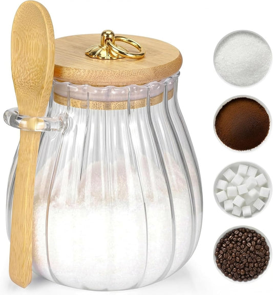 Sugar Container with Bamboo Lid and Spoon,15 oz Sugar Bowl Glass Jar for Coffee Bar Accessories Coffee V1258-DP02-WO-785