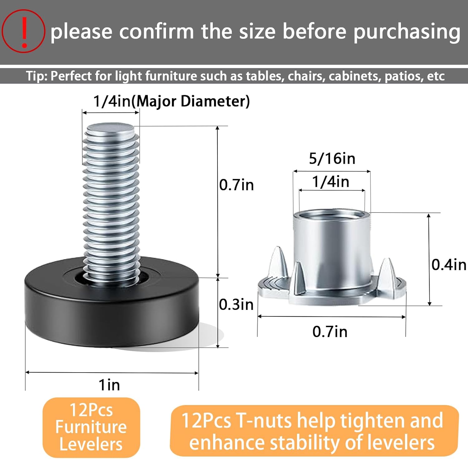 1/4" Thread Leveling Feet, 12 PCS Adjustable Furniture Levelers with T-Nuts, Threaded Screw-in Table Feet for V1258-DP02-WO-789