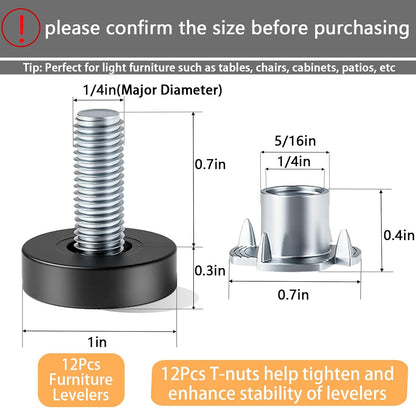 1/4" Thread Leveling Feet, 12 PCS Adjustable Furniture Levelers with T-Nuts, Threaded Screw-in Table Feet for V1258-DP02-WO-789