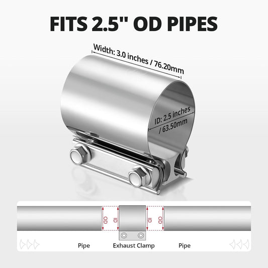 2.5 inch Exhaust Clamp, 2 1/2" Butt Joint Band Clamp Sleeve Coupler Stainless Steel for V1258-DP02-WO-802