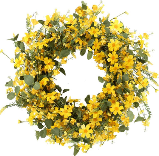 Artificial Spring Wreath 22 Inch Summer Wreaths for Front Door Yellow Daisy Wreath for Indoor Outdoor Home V1258-DP02-WO-814