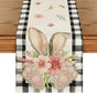Buffalo Plaid Bunny Ear Foot Flower Easter Table Runner, Seasonal Spring Kitchen Dining Table Decoration for V1258-DP02-WO-82