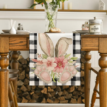 Buffalo Plaid Bunny Ear Foot Flower Easter Table Runner, Seasonal Spring Kitchen Dining Table Decoration for V1258-DP02-WO-82
