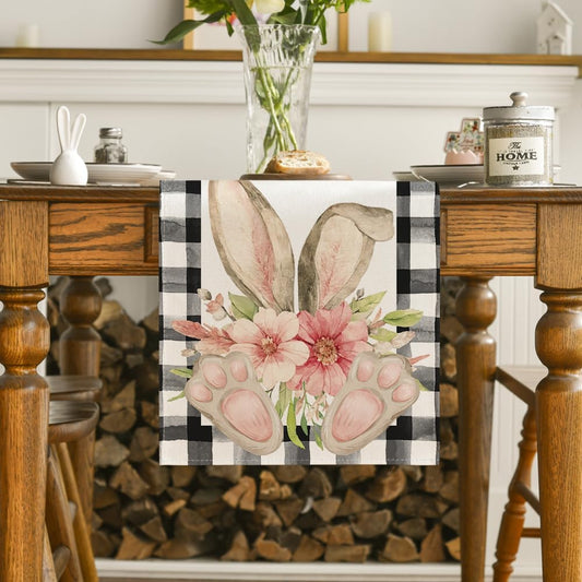 Buffalo Plaid Bunny Ear Foot Flower Easter Table Runner, Seasonal Spring Kitchen Dining Table Decoration for V1258-DP02-WO-82