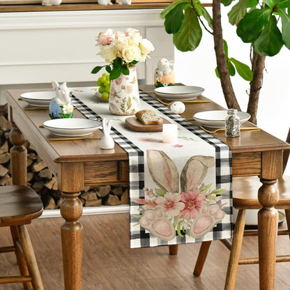 Buffalo Plaid Bunny Ear Foot Flower Easter Table Runner, Seasonal Spring Kitchen Dining Table Decoration for V1258-DP02-WO-82