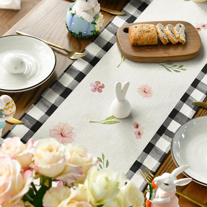 Buffalo Plaid Bunny Ear Foot Flower Easter Table Runner, Seasonal Spring Kitchen Dining Table Decoration for V1258-DP02-WO-82