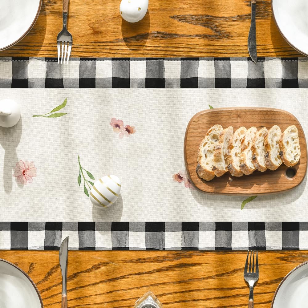 Buffalo Plaid Bunny Ear Foot Flower Easter Table Runner, Seasonal Spring Kitchen Dining Table Decoration for V1258-DP02-WO-82