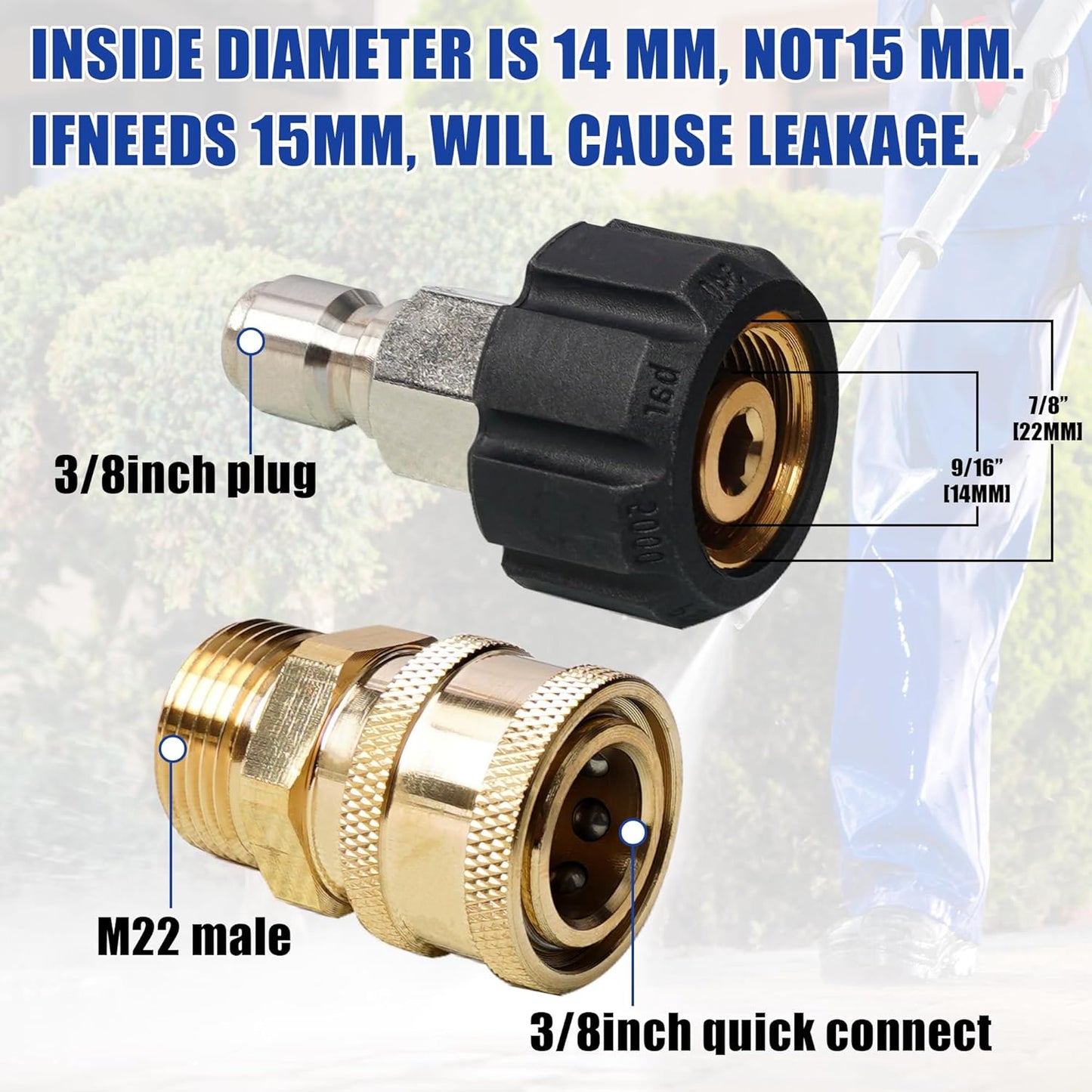 Pressure Washer Quick Connect Fittings, M22 14mm to 3/8 Inch Quick Connector Power Washer Adapter, 2 Set V1258-DP02-WO-831