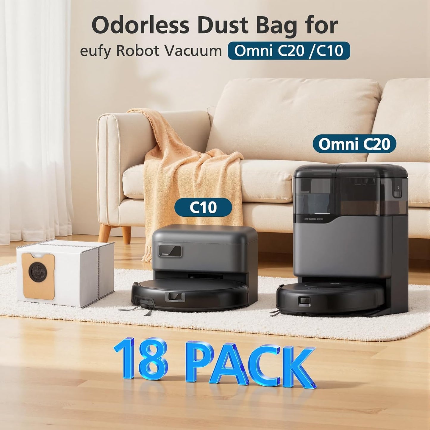 18 pcs Dust Bags for eufy Omni C20 C10 Robot Vacuum, 3.6L Large Capacity Replacement Bags with 3-Layer V1258-DP02-WO-840