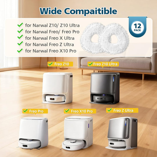 12-Pack Replacement Mop Pads for Narwal Freo, Freo Pro, Freo X Ultra, Z Ultra, Freo Z10 & X10 Pro Robot V1258-DP02-WO-844