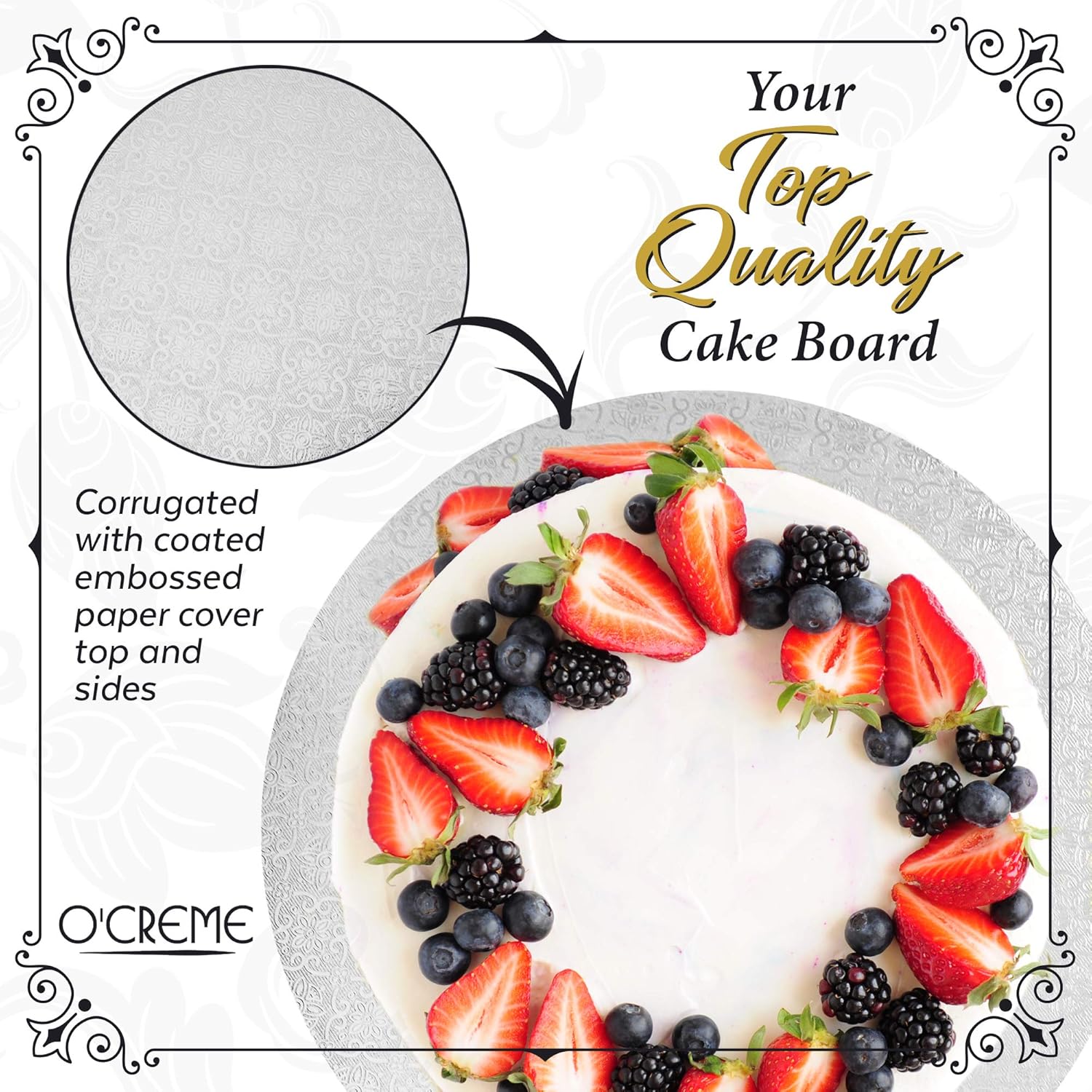 White Wraparound Cake Pastry Round Drum Board 1/4 Inch Thick, 12 Inch Diameter - Pack of 10 V1258-DP02-WO-871