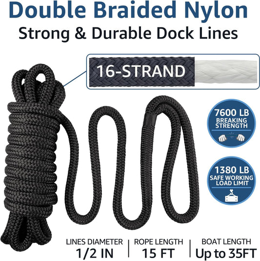 Boat Dock Lines 1/2" x 15' - Double Braided Nylon Boat Ropes for Docking with 12" Loop, Marine-Grade High V1258-DP02-WO-872