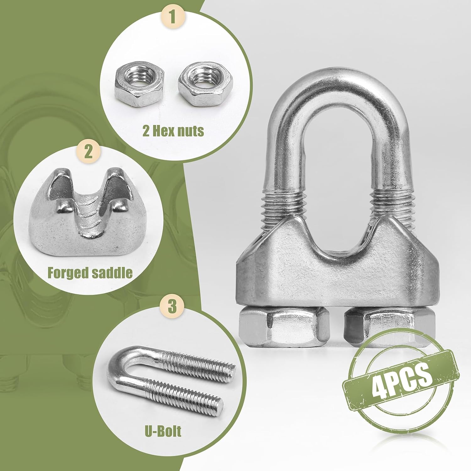 4pcs M6 Wire Rope Clamp, 1/4 inch Cable Clamps Stainless Steel Wire Rope Clips V1258-DP02-WO-875