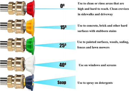 Pressure Washer Spray Nozzle Tips Multiple Degrees, 1/4 inch 5-Pack (2.5 GPM) V1258-DP02-WO-883