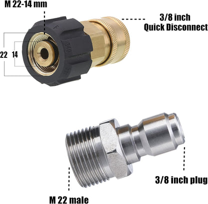 Pressure Washer Adapter, 3/8 Inch Quick Connect Kit, M22 14mm to M22 Metric Fitting, 5000 PSI V1258-DP02-WO-886