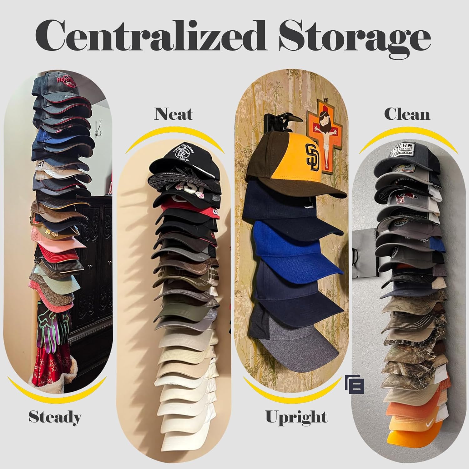 Hat Organizer for Baseball Caps 1 Pack, Adhesive Hat Rack for Wall, Baseball Cap Organizer (Black) V1258-DP02-WO-89
