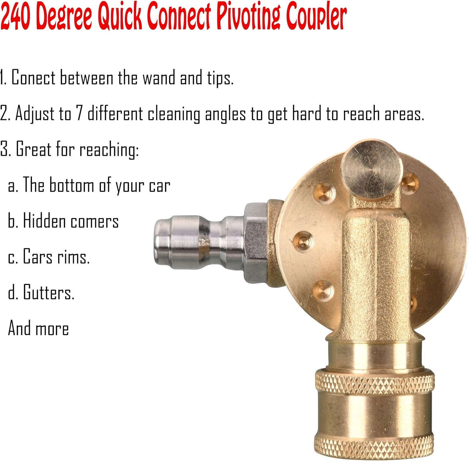Pivoting Coupler for Pressure Washer Tips, Gutter Cleaner Attachment, 1/4 Inch Quick Disconnect, 240 Degree, V1258-DP02-WO-892