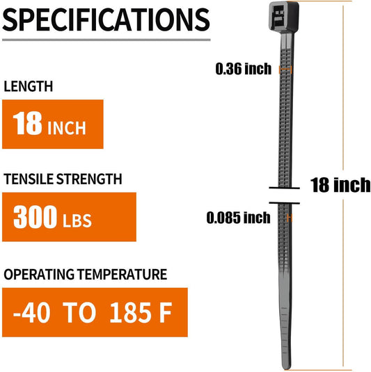 18 Inch Black Zip Ties Heavy Duty 100 Pack Long Cable Ties, 300 LBS Ultra Strong Tensile Strength, V1258-DP02-WO-893