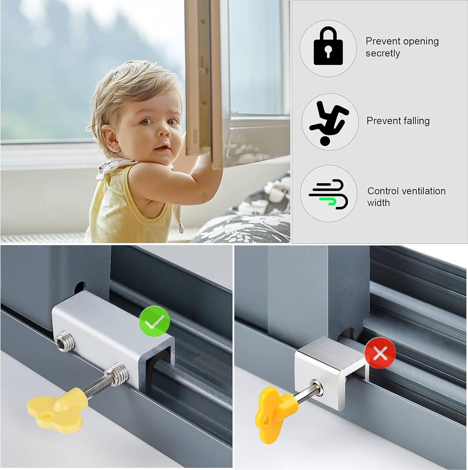 Window Locks, 4 Sets Sliding Security Window Lock with Key for Vertical & Horizontal Sliding Windows & V1258-DP02-WO-911