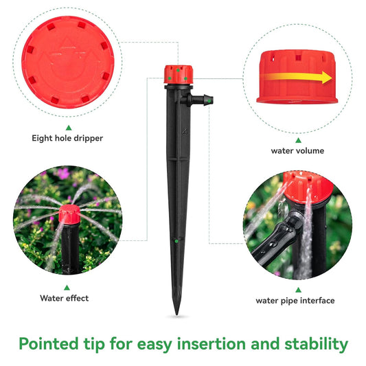 50pcs Drip Emitters for 1/4" Drip Irrigation Tubing, Adjustable 360 Degree Water Flow Drippers on 5" Arrow V1258-DP02-WO-915