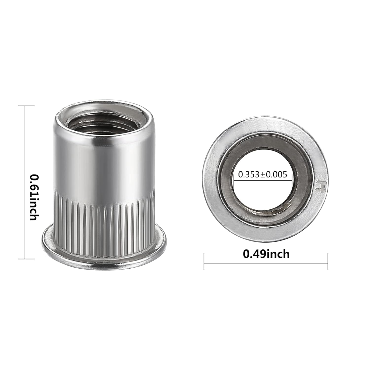 Rivet Nut 1/4"-20UNC 100Pcs Stainless Steel 304 Finish Flat Head Rivnut Threaded Insert Nut Knurled Body V1258-DP02-WO-929