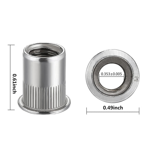 Rivet Nut 1/4"-20UNC 100Pcs Stainless Steel 304 Finish Flat Head Rivnut Threaded Insert Nut Knurled Body V1258-DP02-WO-929