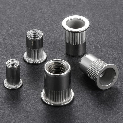 Rivet Nut 1/4"-20UNC 100Pcs Stainless Steel 304 Finish Flat Head Rivnut Threaded Insert Nut Knurled Body V1258-DP02-WO-929