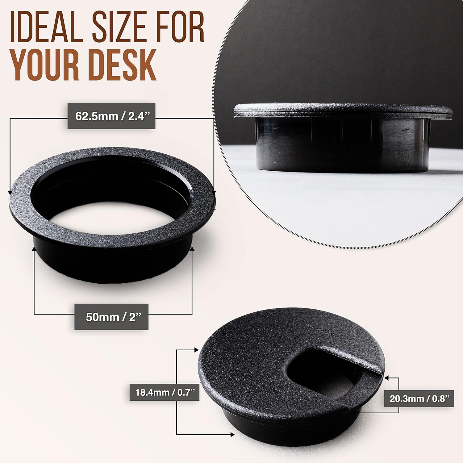 Desk Grommet 2 Inch (50 mm) Pack of 5-Black ABS Plastic Cable Hole Cover to Arrange Wires & Cords Through V1258-DP02-WO-952