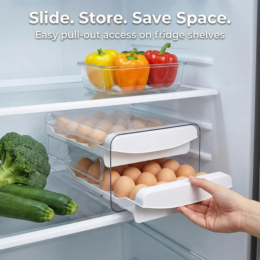 Egg Holder for Fridge, 2-Tier Stackable 40 Eggs Organizer Drawer for Refrigerator, Space-Saving Egg V1258-DP02-WO-957