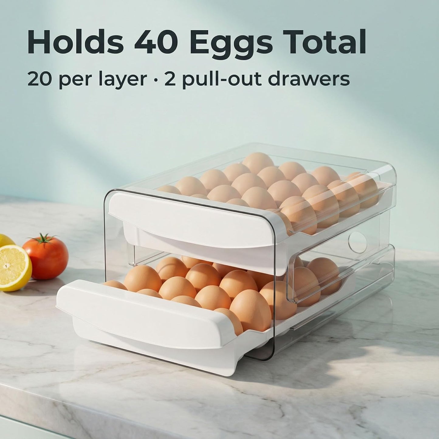 Egg Holder for Fridge, 2-Tier Stackable 40 Eggs Organizer Drawer for Refrigerator, Space-Saving Egg V1258-DP02-WO-957