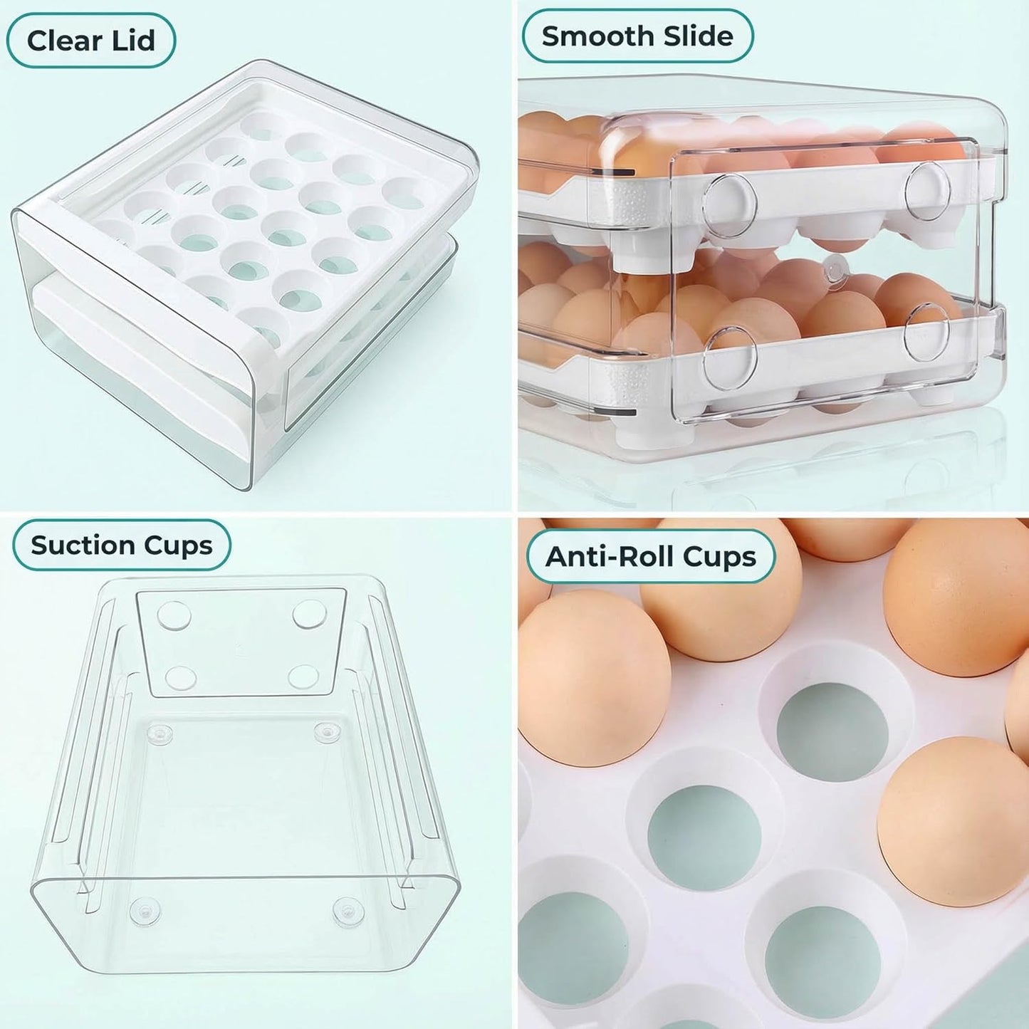 Egg Holder for Fridge, 2-Tier Stackable 40 Eggs Organizer Drawer for Refrigerator, Space-Saving Egg V1258-DP02-WO-957