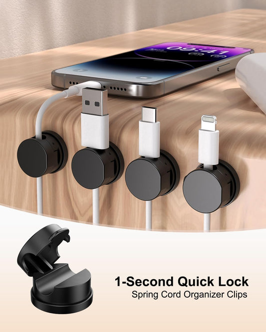 12 Pack 360 degrees Rotatable Spring Cable Clips[1s Lock], Adhesive Cord Holder for Nightstand, Phone Charger V1258-DP02-WO-959