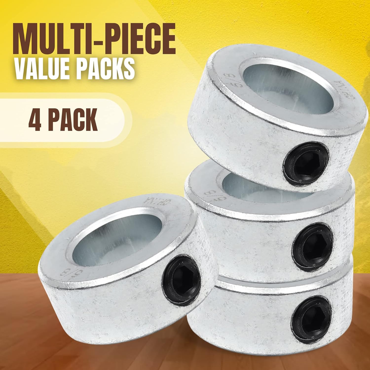 (4-Pack) 5/8" Bore Solid Steel Shaft Collars with Zinc Plated Coating - Durable Shaft Collars Suitable for V1258-DP02-WO-964