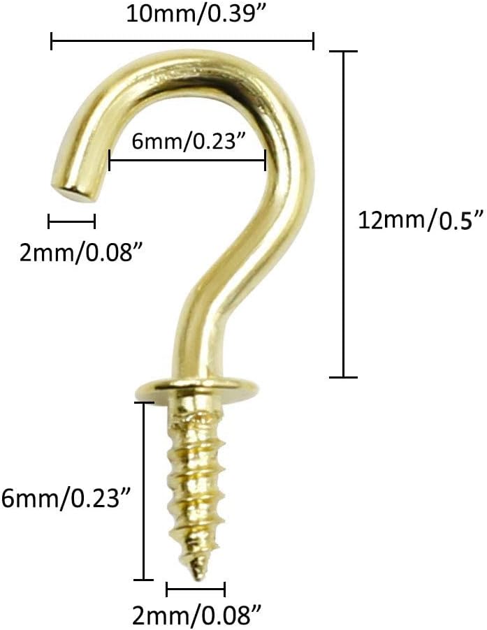 100 Pcs 1/2" Ceiling Cups Hooks Screw Hooks Ceiling Cup Hooks Self-Tapping Screws Hooks Gold V1258-DP02-WO-972