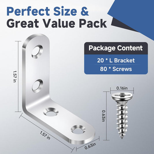 20PCS L Bracket Corner Brace Sets, Stainless Steel L Brackets for Wood Shelves, 90 Degree Right Angle Bracket V1258-DP02-WO-976