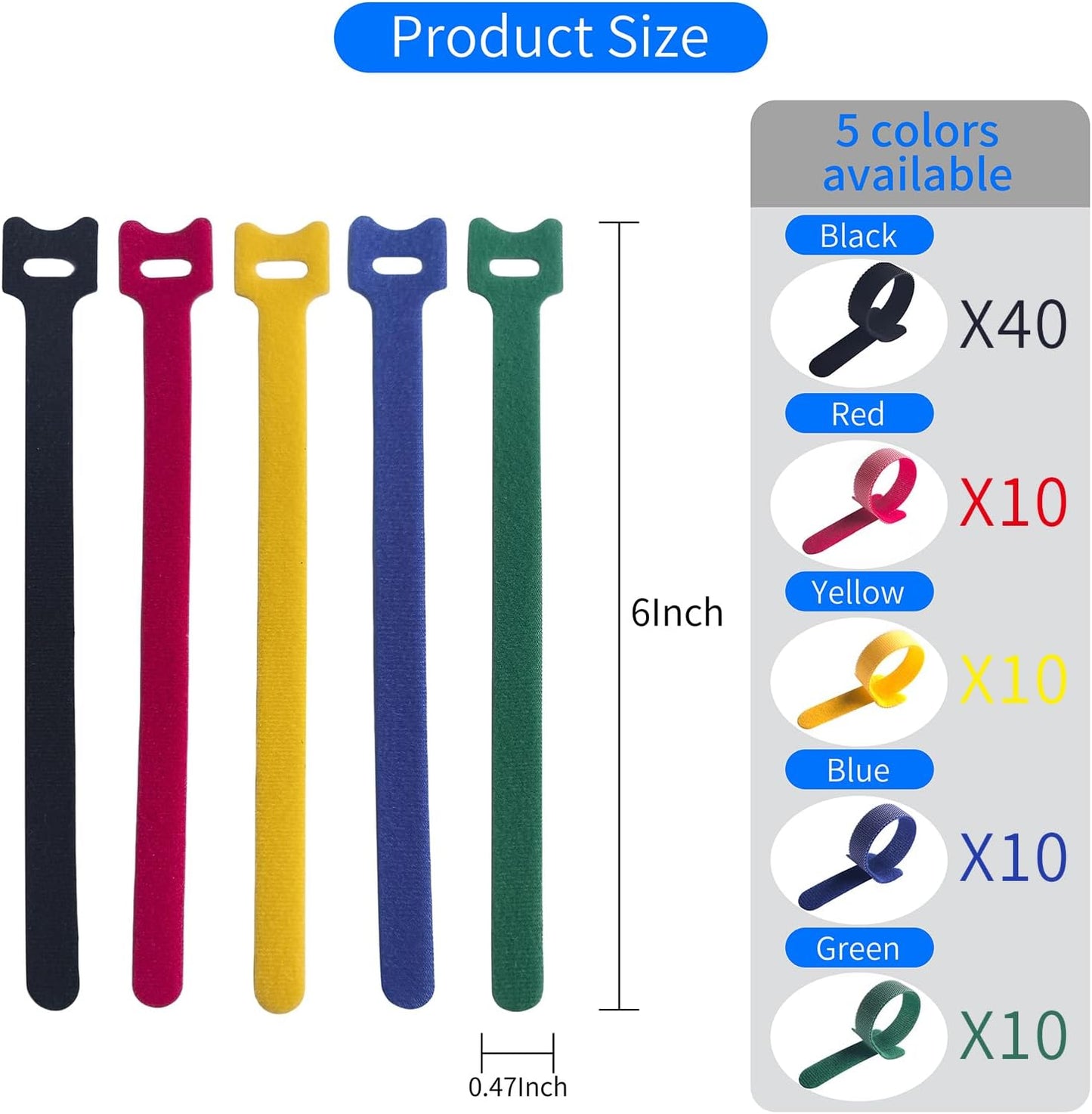 6 Inches Multi-Colour Reusable Cable Ties Cord Straps Multi-Purpose Wire Ties Cord Wrap Hook and Loop V1258-DP02-WO-982