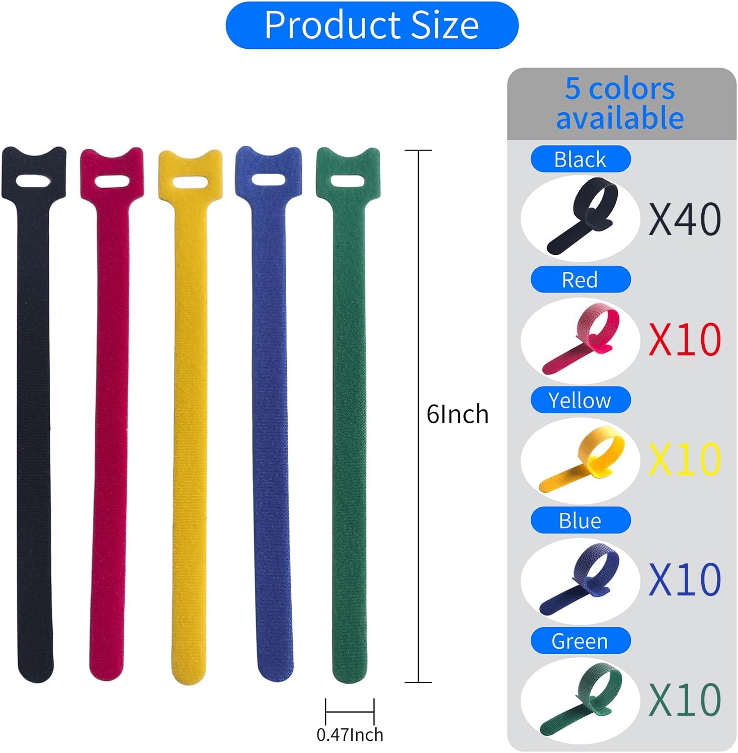 6 Inches Multi-Colour Reusable Cable Ties Cord Straps Multi-Purpose Wire Ties Cord Wrap Hook and Loop V1258-DP02-WO-982